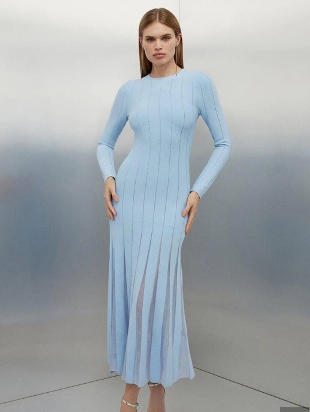 Karen Millen Powder Blue Ribbed Long-Sleeve Pleated Maxi Dress